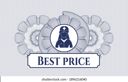 Blue passport money rosette. Vector Illustration. Detailed with nurse icon and Best Price text inside