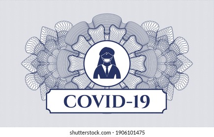 Blue passport money rosette. Vector Illustration. Detailed with woman wearing face mask icon and COVID-19 text inside