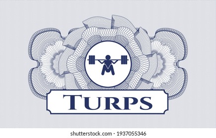 Blue passport money rosette. Vector Illustration. Detailed with deep squat icon and Turps text inside