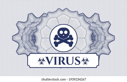 Blue passport money rosette. Vector Illustration. Detailed with crossbones icon and Virus text inside