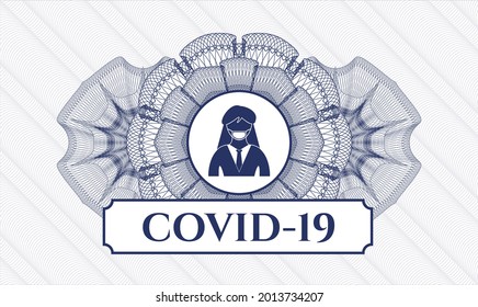 Blue passport money rosette. Vector Illustration. Detailed with woman wearing face mask icon and COVID-19 text inside