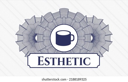 Rosette con dinero del pasaporte azul. Ilustración vectorial. Detallado con icono de taza de café y texto estético dentro