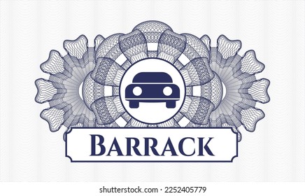 Blue passport money rosette. Vector Illustration. Detailed with car seen from front icon and Barrack text inside