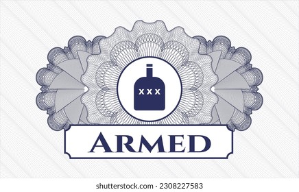 Blue passport money rosette. Vector Illustration. Detailed with bottle of alcohol icon and Armed text inside