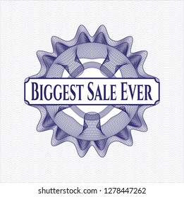 Blue passport money style rosette with text Biggest Sale Ever inside