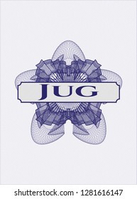 Blue passport money style rosette with text Jug  inside