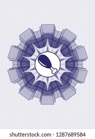 Blue passport money style rosette with chicken leg icon inside