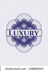 Blue passport money style rosette with text Luxury inside
