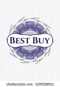 Blue passport money style rosette with text Best Buy inside