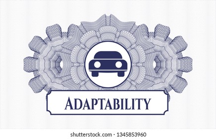Blue passport money style rosette with car seen from front icon and Adaptability text inside