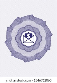 Blue passport money style rosette with envelope with paper with money symbol inside icon inside