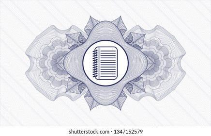 Blue passport money style rosette with note book icon inside