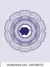 Blue passport money style rosette with piggy bank icon inside