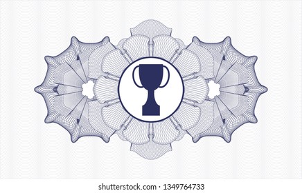 Blue passport money style rosette with trophy icon inside
