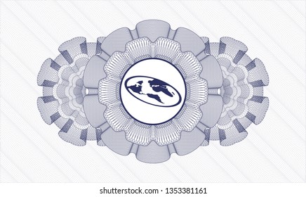 Blue passport money style rosette with flat earth icon inside