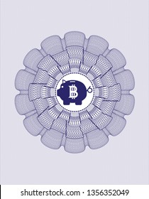 Blue passport money style rosette with bitcoin piggy bank icon inside