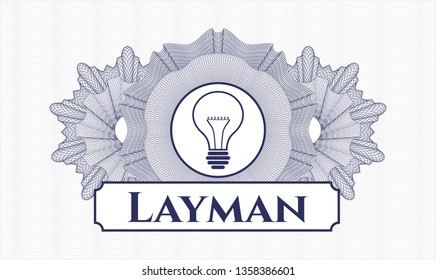 Blue passport money style rosette with idea icon and Layman text inside