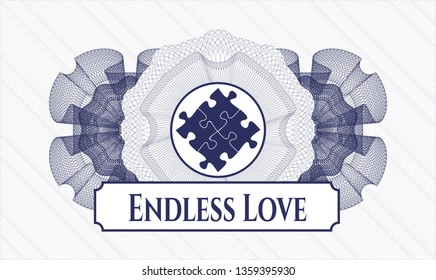 Blue passport money style rosette with solution icon and Endless Love text inside