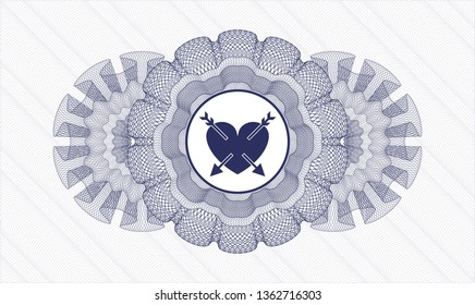 Blue passport money style rosette with heart with two arrows icon inside