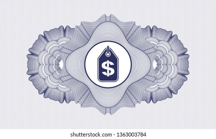 Blue passport money style rosette with money tag icon inside