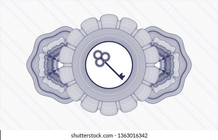 Blue passport money style rosette with key icon inside