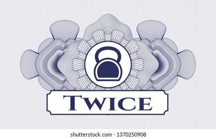 Blue passport money style rosette with kettlebell icon and Twice text inside