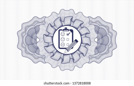 Blue passport money style rosette with customer feedback icon inside