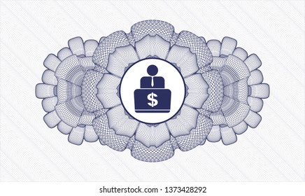 Blue passport money style rosette with man working on computer icon inside Blue passport money style rosette with man working on computer icon inside
