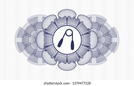 Blue passport money style rosette with hand gripper icon inside