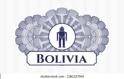 Blue passport money style rosette with robot icon and Bolivia text inside
