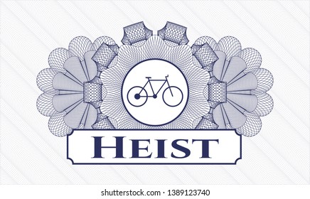 Blue passport money style rosette with bike icon and Heist text inside