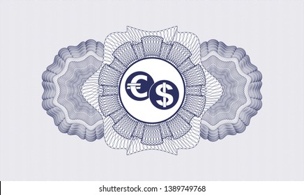 Blue passport money style rosette with currency exchange icon inside