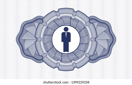 Blue passport money style rosette with businessman icon inside