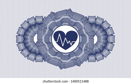 Blue passport money style rosette with heart with electrocardiogram icon inside