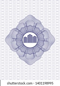 Blue passport money style rosette with buildings icon inside