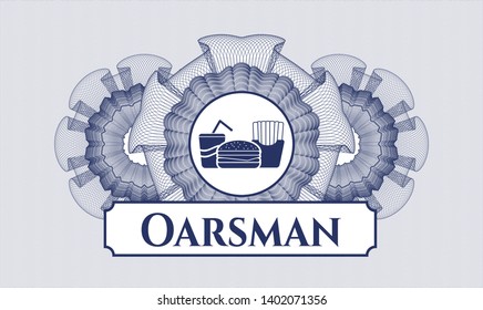 Blue passport money style rosette with fast food icon and Oarsman text inside