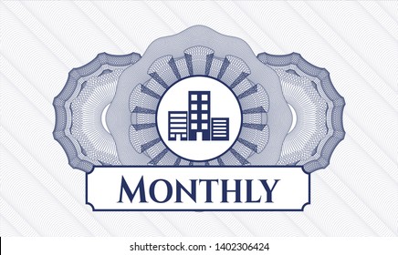 Blue passport money style rosette with buildings icon and Monthly text inside