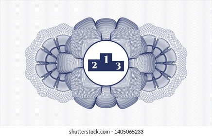Blue passport money style rosette with podium icon inside