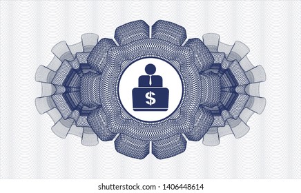 Blue passport money style rosette with man working on computer icon inside