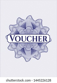 Blue passport money style rosette with text Voucher inside