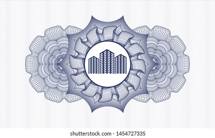 Blue passport money style rosette with buildings icon inside