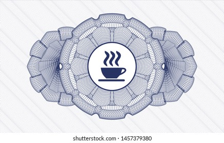 Blue passport money style rosette with coffee cup icon inside