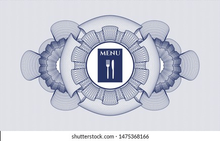 Blue passport money style rosette with restaurant menu icon inside