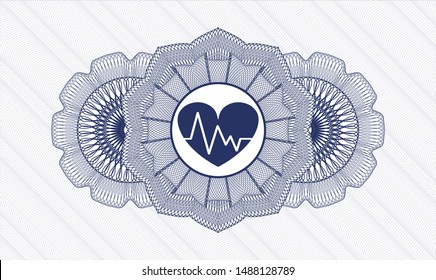 Blue passport money style rosette with heart with electrocardiogram icon inside