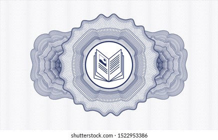 Blue passport money style rosette with book icon inside
