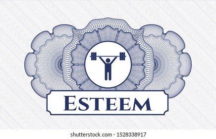 Blue passport money style rosette with weightlifting icon and Esteem text inside