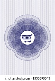 Blue passport money style rosette with shopping cart icon inside
