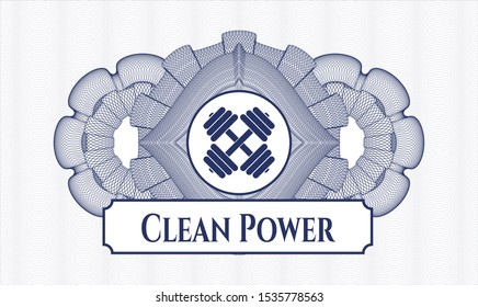 Blue passport money style rosette with dumbbell icon and Clean Power text inside