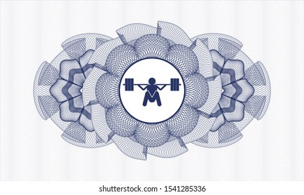 Blue passport money style rosette with deep squat icon inside