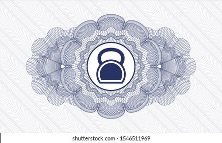 Blue passport money style rosette with kettlebell icon inside